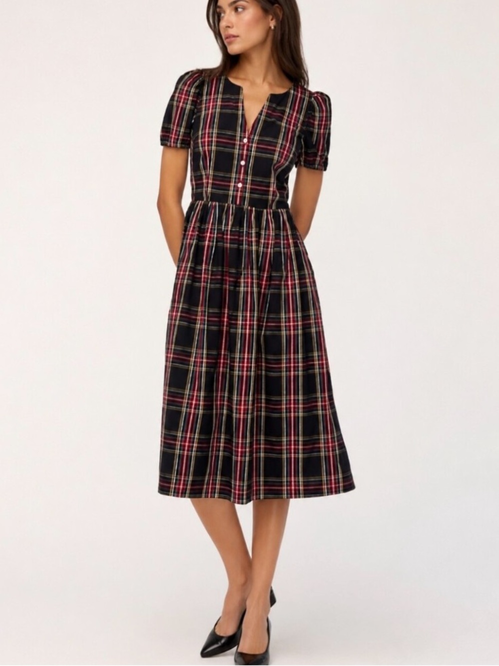 NWOT J.Crew Factory Stewart Tartan Puff Sleeve Midi Holiday Dress Sz 10 Pockets
